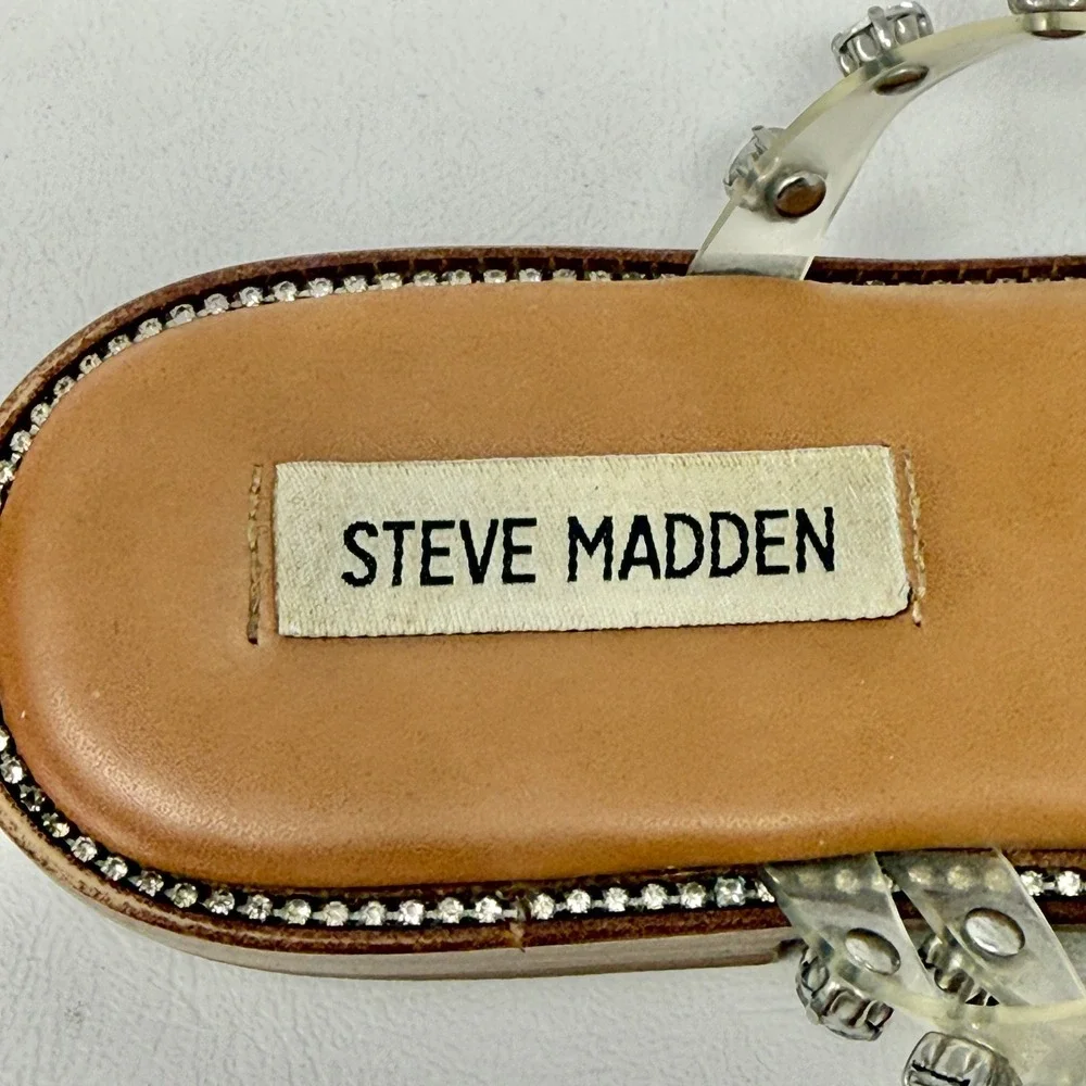 Steve Madden Skyler Clear Rhinestone Strappy Flat Sandal Tan 8M Glam Going Out